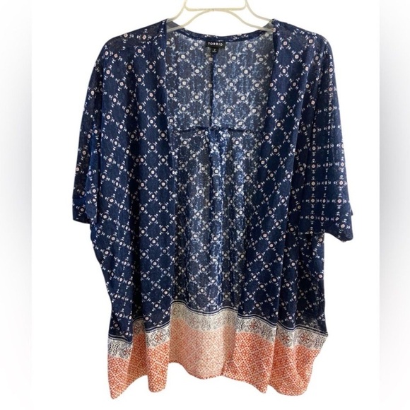 torrid Tops - Torrid Navy and Coral Patterned Kimono Top 2X